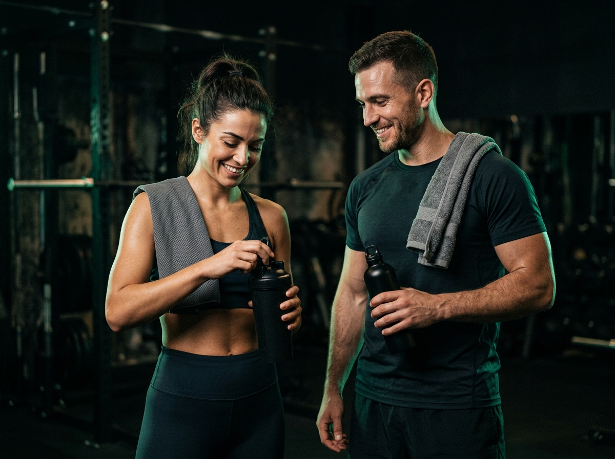 Deux sportifs préparant leur shaker après l'entraînement